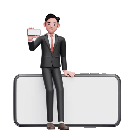 Businessman in black formal suit sitting on a big phone while showing the landscape phone screen  3D Illustration