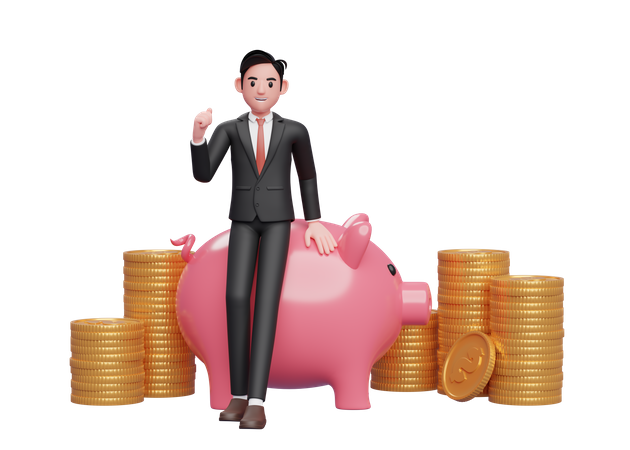 Businessman in black formal suit sitting on pig piggy bank and celebrating clenching hands  3D Illustration