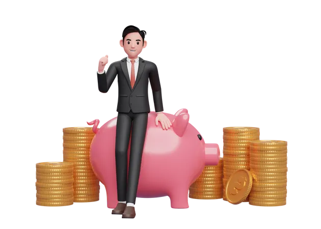 Businessman In Black Formal Suit Sitting On Pig Piggy Bank And Celebrating Clenching Hands 3 D Rendering Of Business Investment Concept 3D Illustration