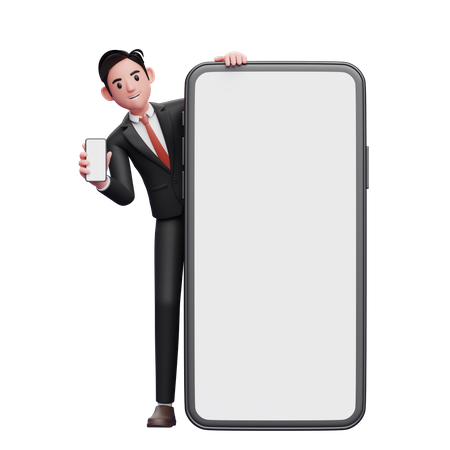 Businessman in black formal suit standing behind a big cellphone while showing the phone screen  3D Illustration