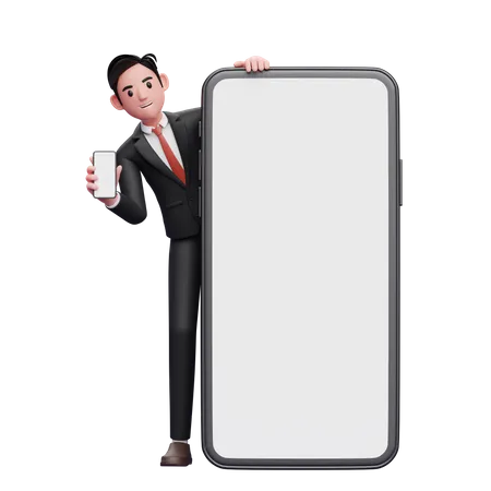 Businessman in black formal suit standing behind a big cellphone while showing the phone screen  3D Illustration