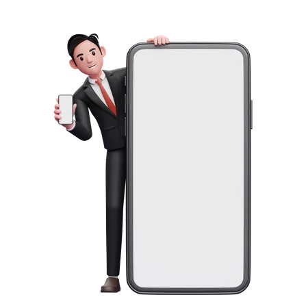 Businessman in black formal suit standing behind a big cellphone while showing the phone screen 3D Illustration