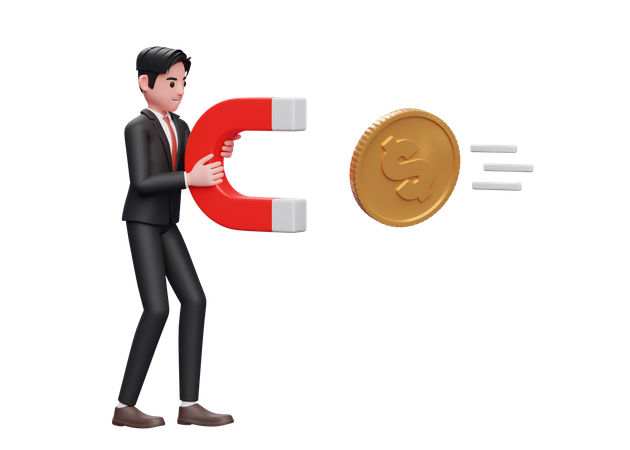 Businessman in black formal suit standing holding magnet attracting gold coin  3D Illustration
