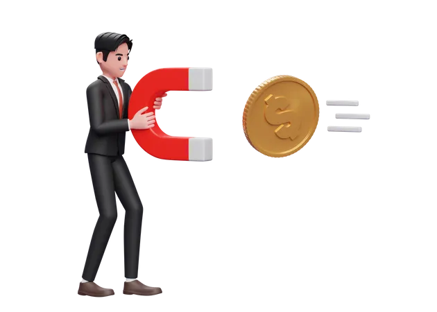 Businessman In Black Formal Suit Standing Holding Magnet Attracting Gold Coin 3 D Rendering Of Business Investment Concept 3D Illustration