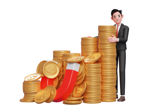 Businessman in black formal suit standing hugging pile of gold coins caught by magnet  3D Illustration