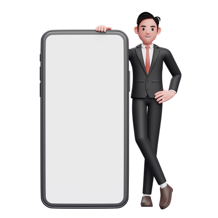 Businessman in black formal suit standing next to big phone with white screen with legs crossed and hands on waist  3D Illustration