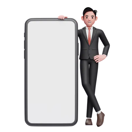 Businessman in black formal suit standing next to big phone with white screen with legs crossed and hands on waist  3D Illustration