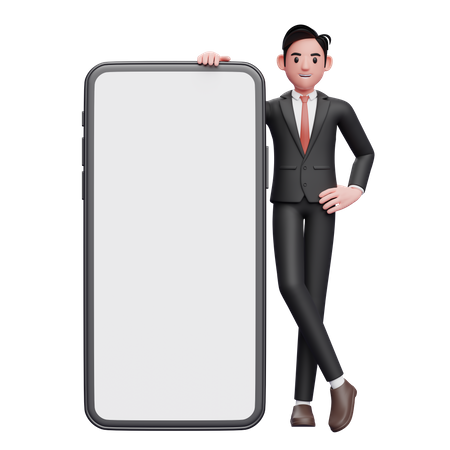 Businessman in black formal suit standing next to big phone with white screen with legs crossed and hands on waist 3D Illustration