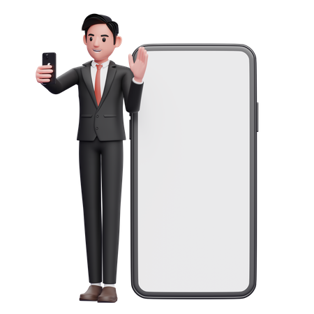 Businessman in black formal suit standing while making video call and waving hand on big phone background  3D Illustration