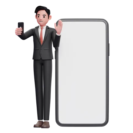 Businessman in black formal suit standing while making video call and waving hand on big phone background  3D Illustration