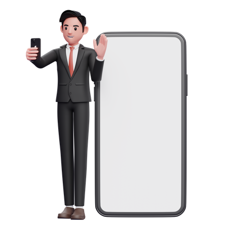 Businessman in black formal suit standing while making video call and waving hand on big phone background 3D Illustration