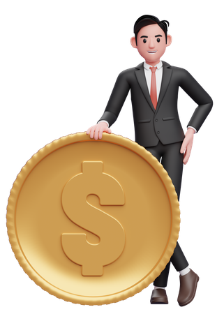 Businessman in black formal suit standing with legs crossed and Holding Coin  3D Illustration