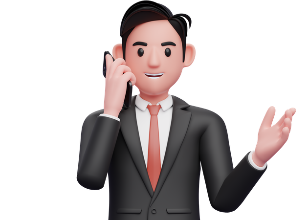 Businessman in black formal suit talking on phone while opening hands with gesture demonstrating  3D Illustration