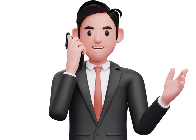 Businessman in black formal suit talking on phone while opening hands with gesture demonstrating  3D Illustration