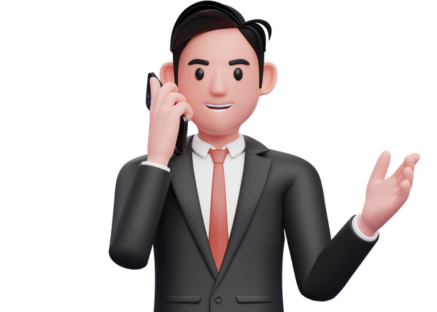 Businessman in black formal suit talking on phone while opening hands with gesture demonstrating 3D Illustration