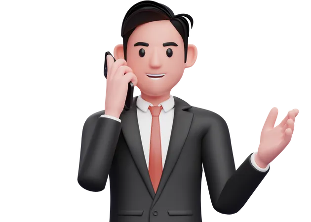 Businessman in black formal suit talking on phone while opening hands with gesture demonstrating 3D Illustration