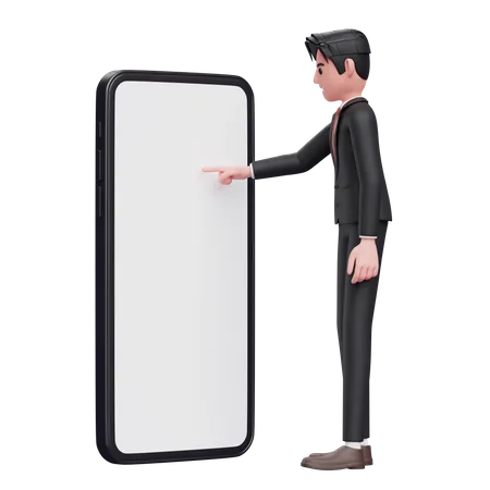 Businessman in black formal suit touching phone screen with index finger  3D Illustration