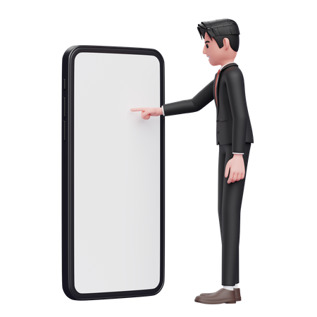 Businessman in black formal suit touching phone screen with index finger 3D Illustration