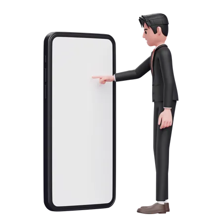 Businessman in black formal suit touching phone screen with index finger 3D Illustration