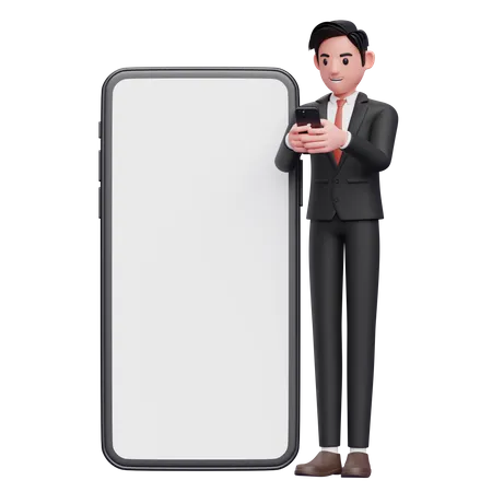 Businessman in black formal suit typing message on mobile phone with giant mobile phone ornament 3D Illustration