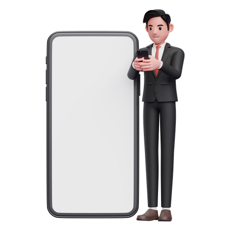 Businessman in black formal suit typing message on mobile phone with giant mobile phone ornament  3D Illustration