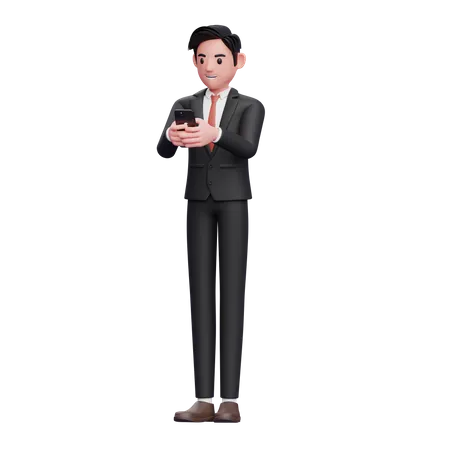 Businessman in black formal suit Typing Message on the phone  3D Illustration