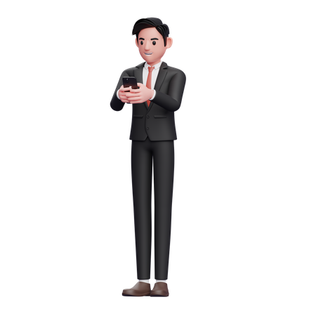 Businessman in black formal suit Typing Message on the phone 3D Illustration
