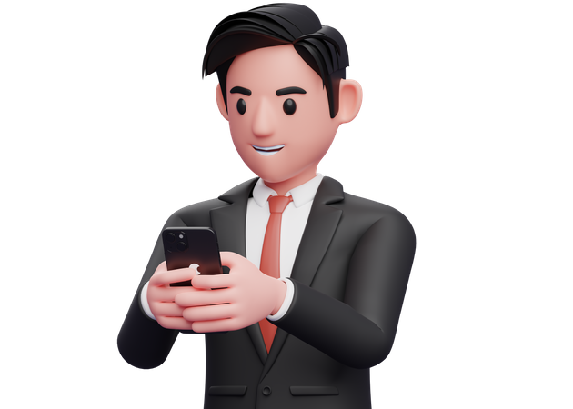 Businessman in black formal suit typing message with cell phone  3D Illustration