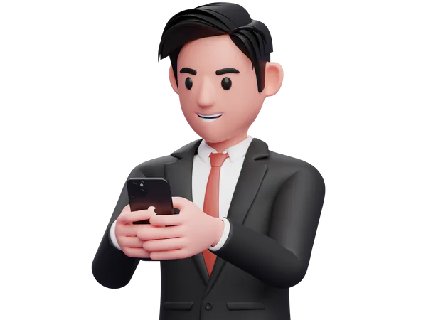 Businessman in black formal suit typing message with cell phone  3D Illustration