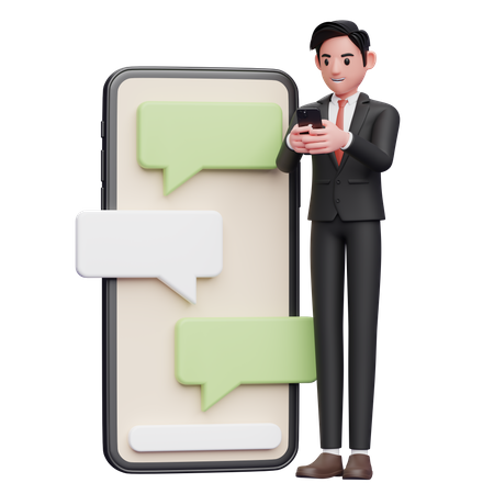 Businessman in black formal suit typing on the phone beside a big phone with bubble chat ornament 3D Illustration