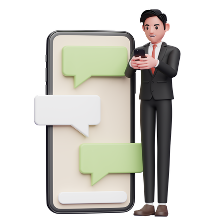 Businessman in black formal suit typing on the phone beside a big phone with bubble chat ornament  3D Illustration