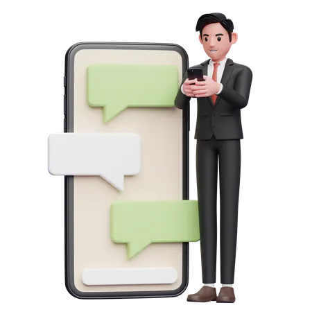 Businessman in black formal suit typing on the phone beside a big phone with bubble chat ornament  3D Illustration