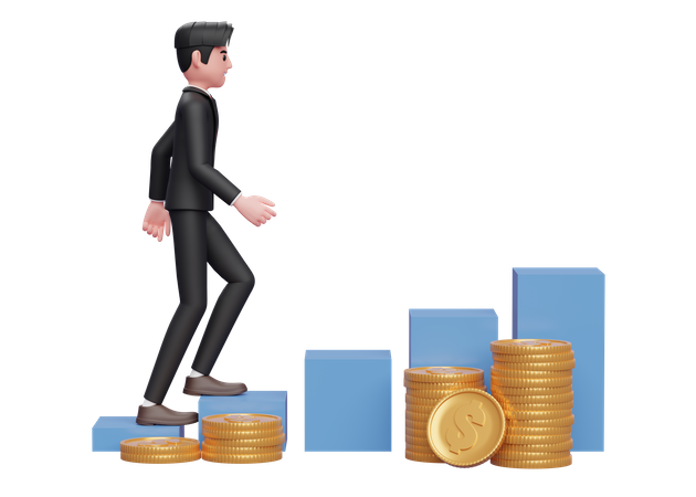 Businessman in black formal suit walking on stock chart with gold coin pile ornament  3D Illustration