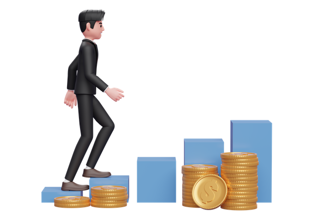 Businessman in black formal suit walking on stock chart with gold coin pile ornament 3D Illustration