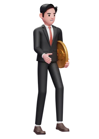 Businessman in black suit walking while carrying coins 3D Illustration