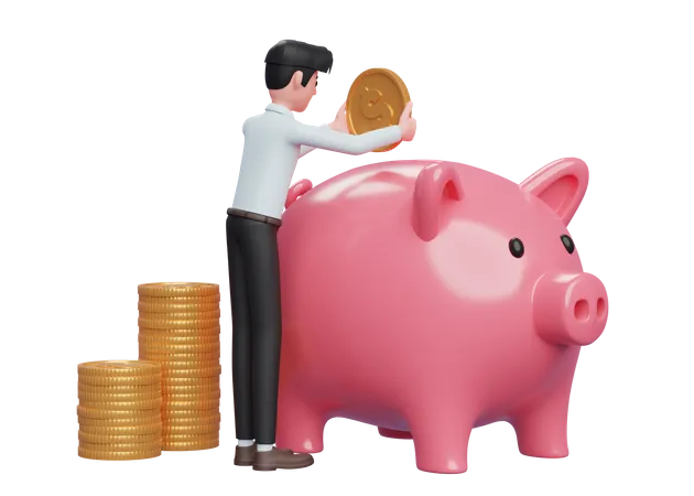 Businessman in blue dress carefully keeps gold coins in pink piggy bank 3D Illustration