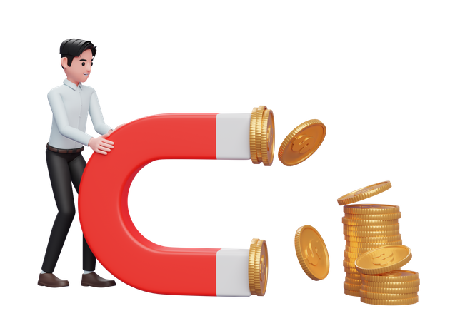 Businessman in blue dress Hold a Big Magnet To Attract Coins  3D Icon