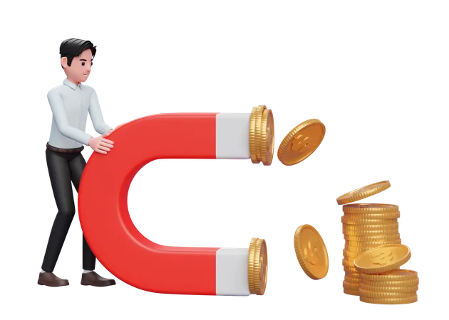 Businessman in blue dress Hold a Big Magnet To Attract Coins  3D Illustration