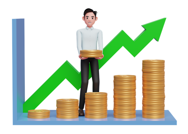 Businessman in blue dress making statistical bar chart with pile of gold coins  3D Illustration