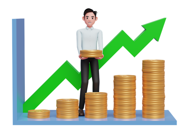 Businessman in blue dress making statistical bar chart with pile of gold coins 3D Illustration