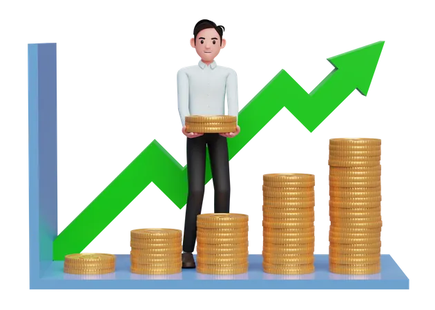 Businessman in blue dress making statistical bar chart with pile of gold coins 3D Illustration
