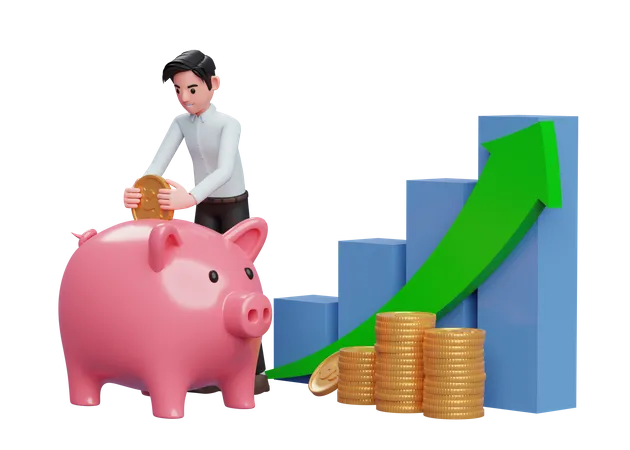 Businessman in blue dress saving gold coins into piggy bank with bar chart and green arrow up  3D Illustration