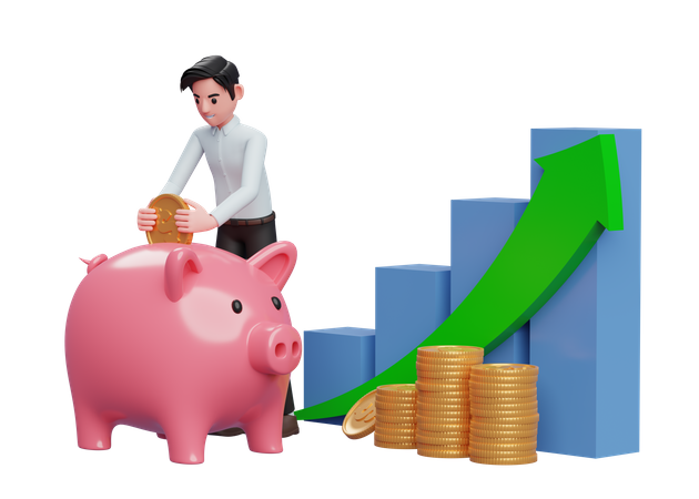 Businessman in blue dress saving gold coins into piggy bank with bar chart and green arrow up  3D Illustration