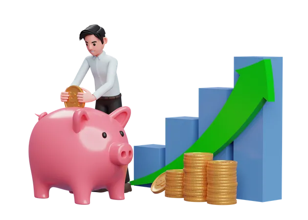 Businessman in blue dress saving gold coins into piggy bank with bar chart and green arrow up 3D Illustration