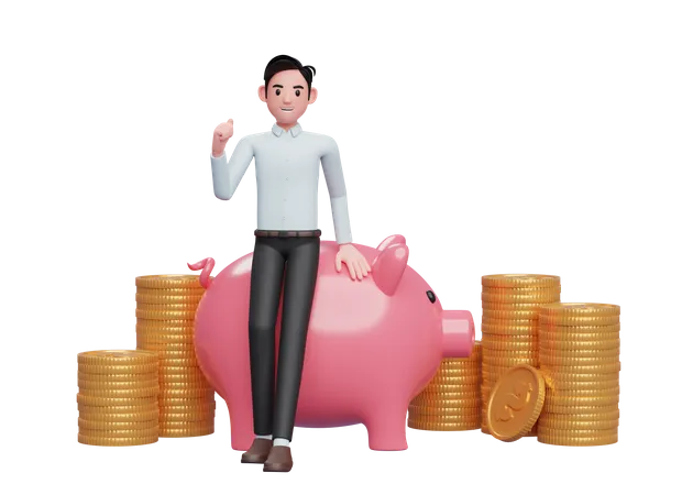 Businessman in blue dress sitting leaning on pink pig piggy bank celebrating clenching hands  3D Illustration