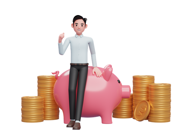 Businessman in blue dress sitting leaning on pink pig piggy bank celebrating clenching hands  3D Illustration