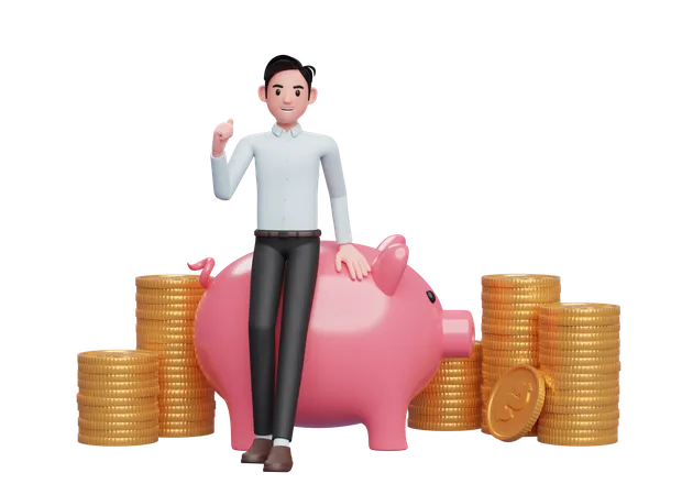 Businessman Sitting Leaning On Pink Pig Piggy Bank Celebrating Clenching Hands 3 D Rendering Of Business Investment Concept 3D Illustration