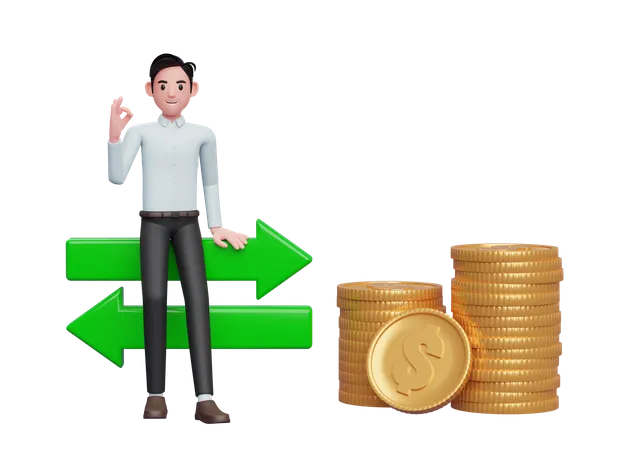 Businessman in blue dress sitting on exchange rate icon with hand gesture ok finger  3D Illustration