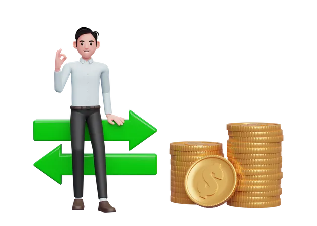 Businessman in blue dress sitting on exchange rate icon with hand gesture ok finger 3D Illustration