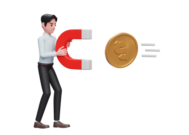 Businessman In Blue Dress Standing Holding Magnet Attracting Gold Coin 3 D Rendering Of Business Investment Concept 3D Illustration